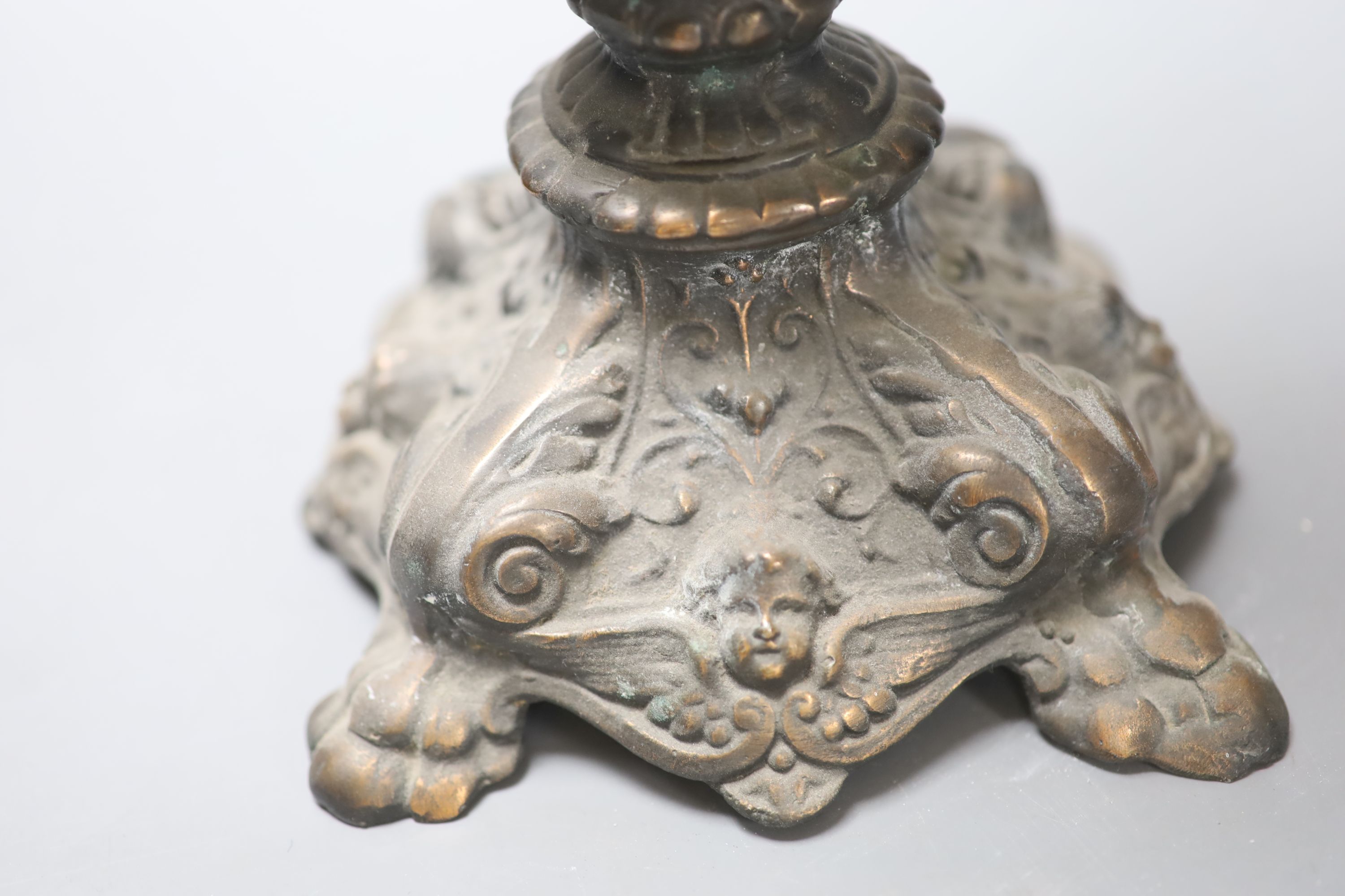 An oxidised copper figural table lamp, height 58cm, and three other items